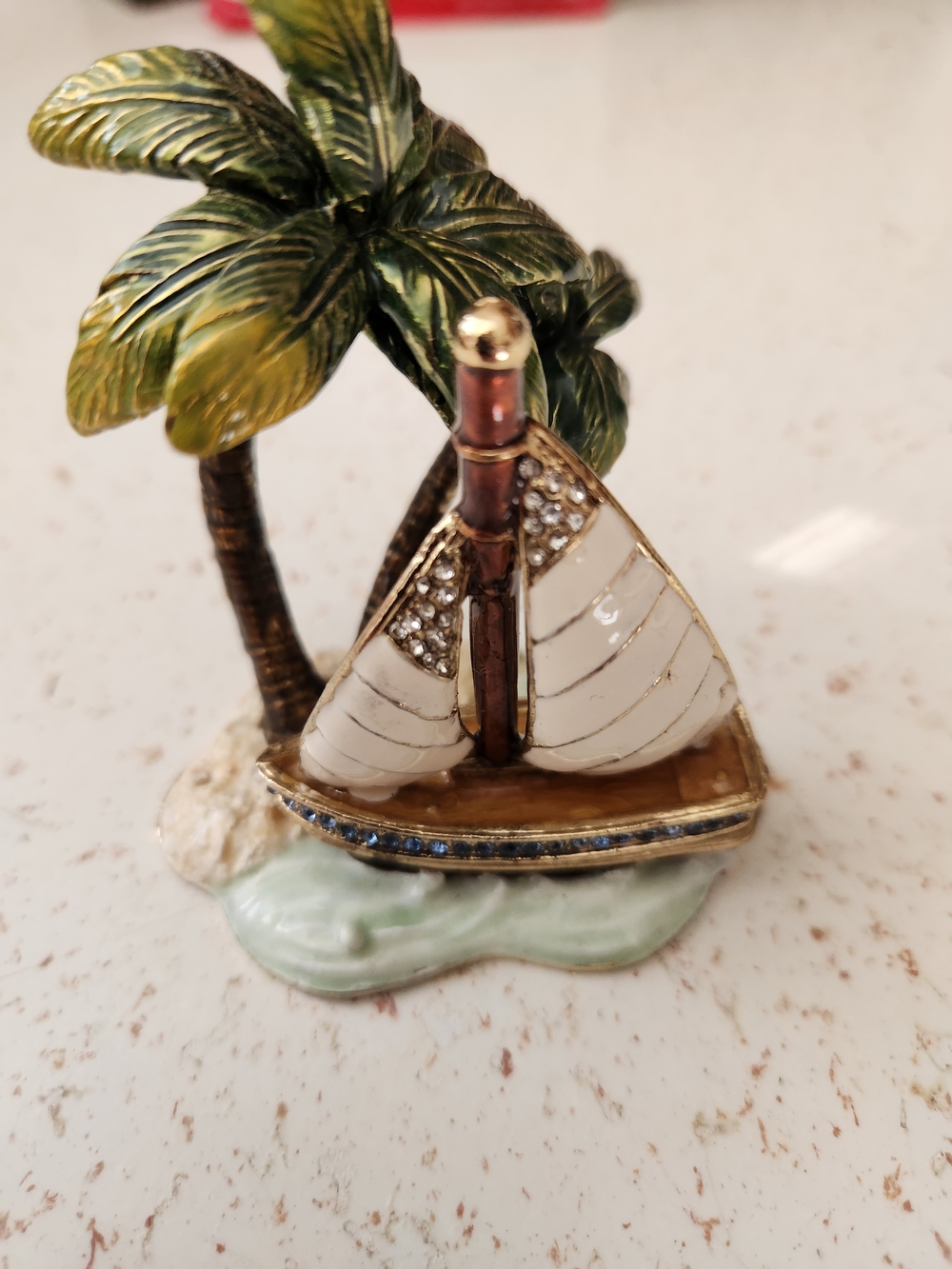 Palm Tree Sailboat Trinket Figurine in White, Gold, Green